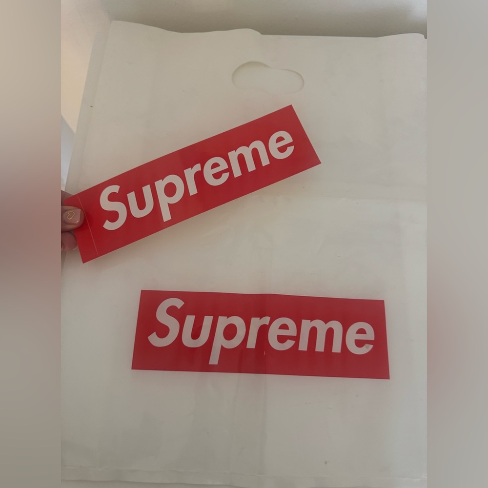 Supreme Bold Red Logo Sticker and shopping bag